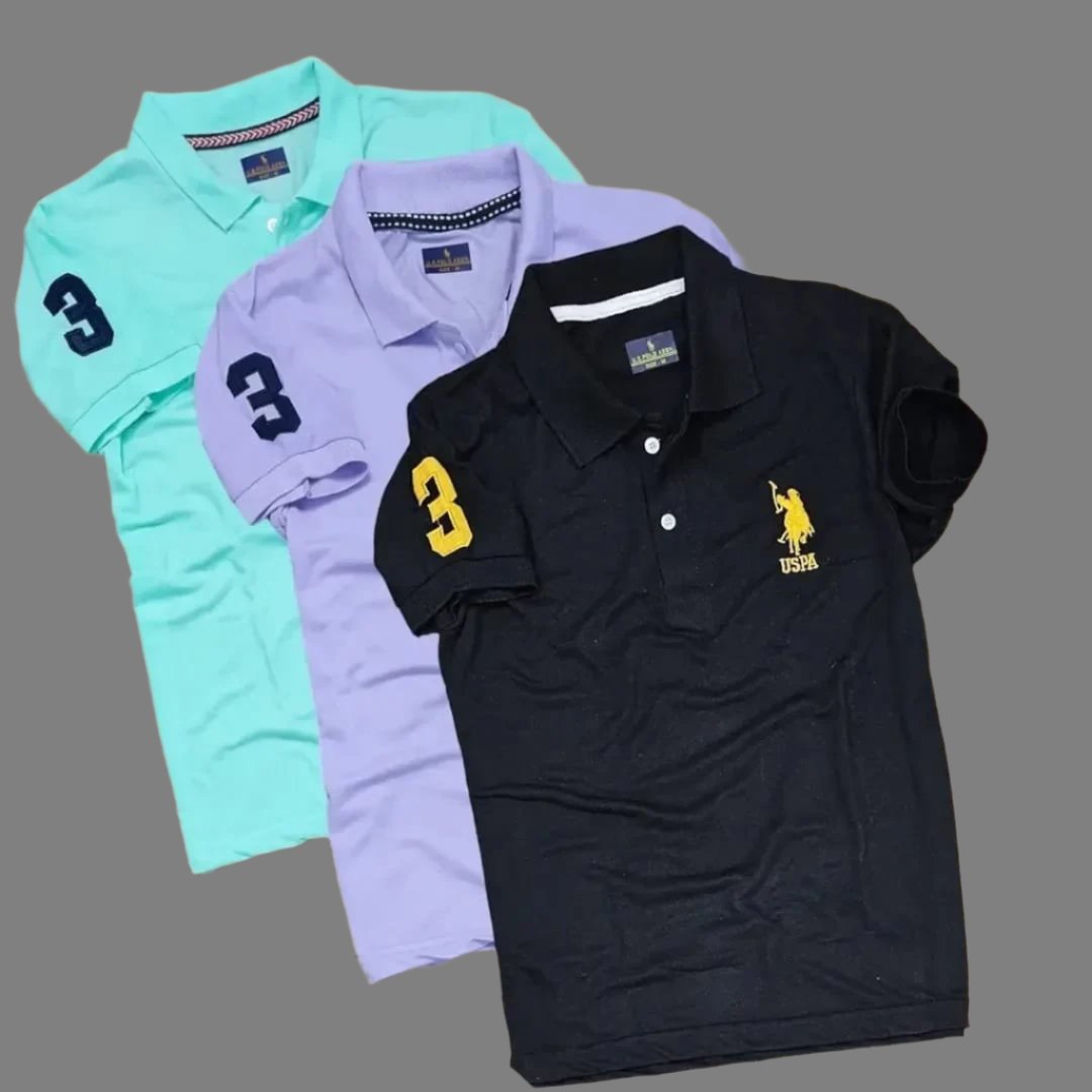 Solid Polo Matty Elegance in 3 Colors T-Shirts  Pack of 3 for Mens
Size:M, L, XL, XXL available in 4 sizes
Color: Unique combination of 3 colors hence Multicoloured
Fabric:Premium Cotton Blend with nice texure
Durability:Long durability with light weight and sturdy
 Type:Polos unique brand
 Style:Solid , it's solidness indicate longuity
 Design Type:Polos T-Shirt
 Sleeve Length:Short Sleeves suits to the shoulders of strong men.
Experience ultimate comfort and style with our Soli